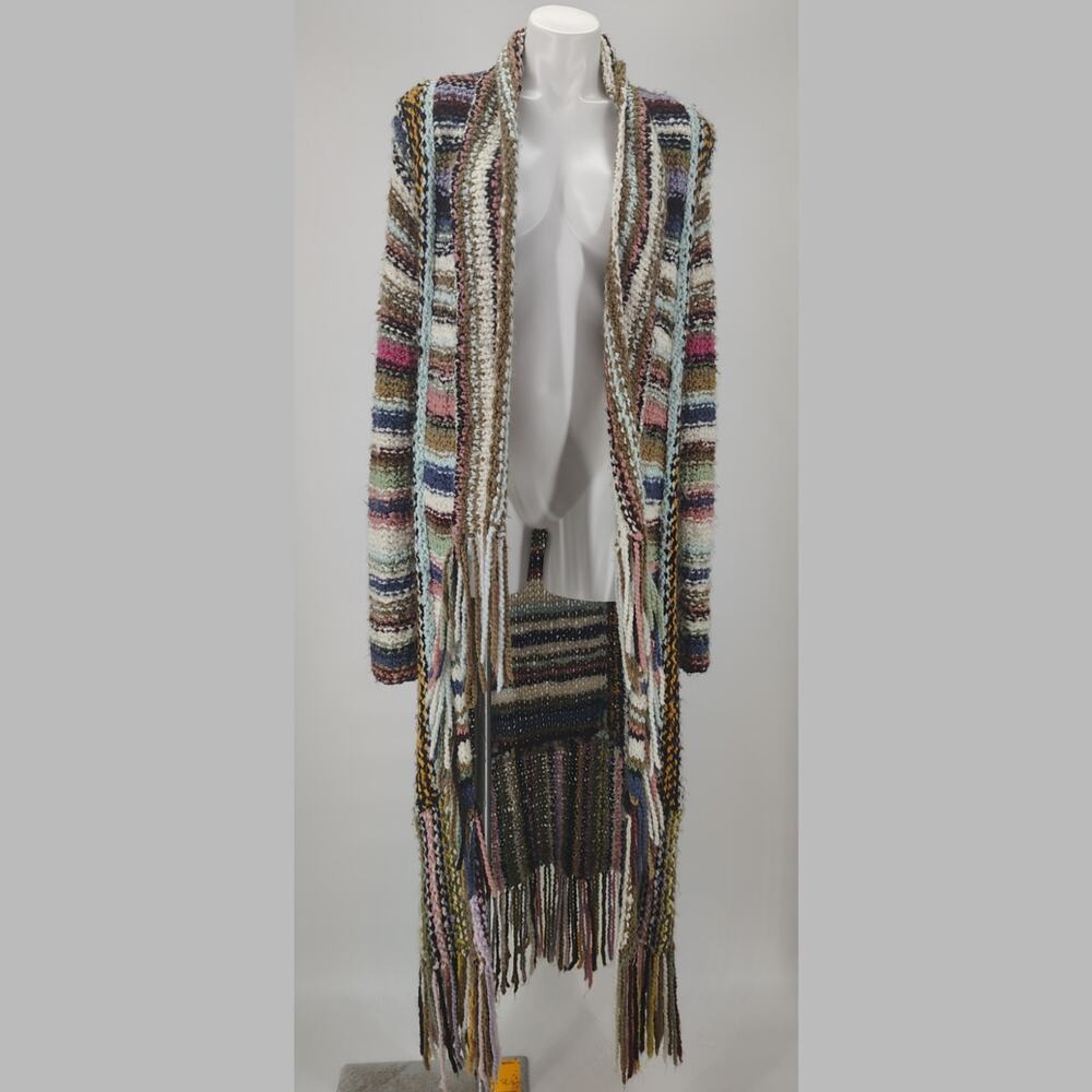 Free People FLAWED Technicolor Cardigan Sweater Duster Fringe Boho L - Picture 2 of 16